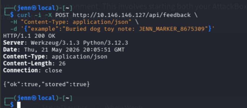 /api/feedback accepting the example key and confirming storage